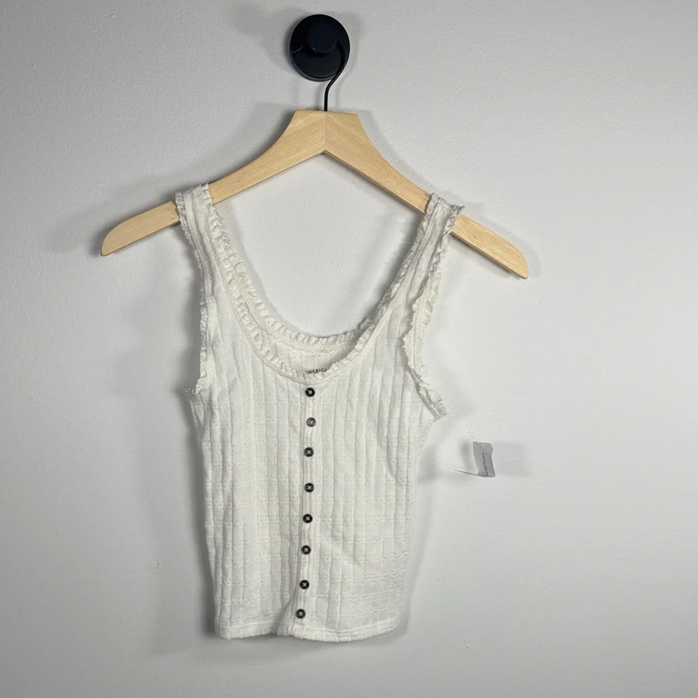 NWT American Eagle White Ribbed Button-Front Tank Top XXS Lace Trim